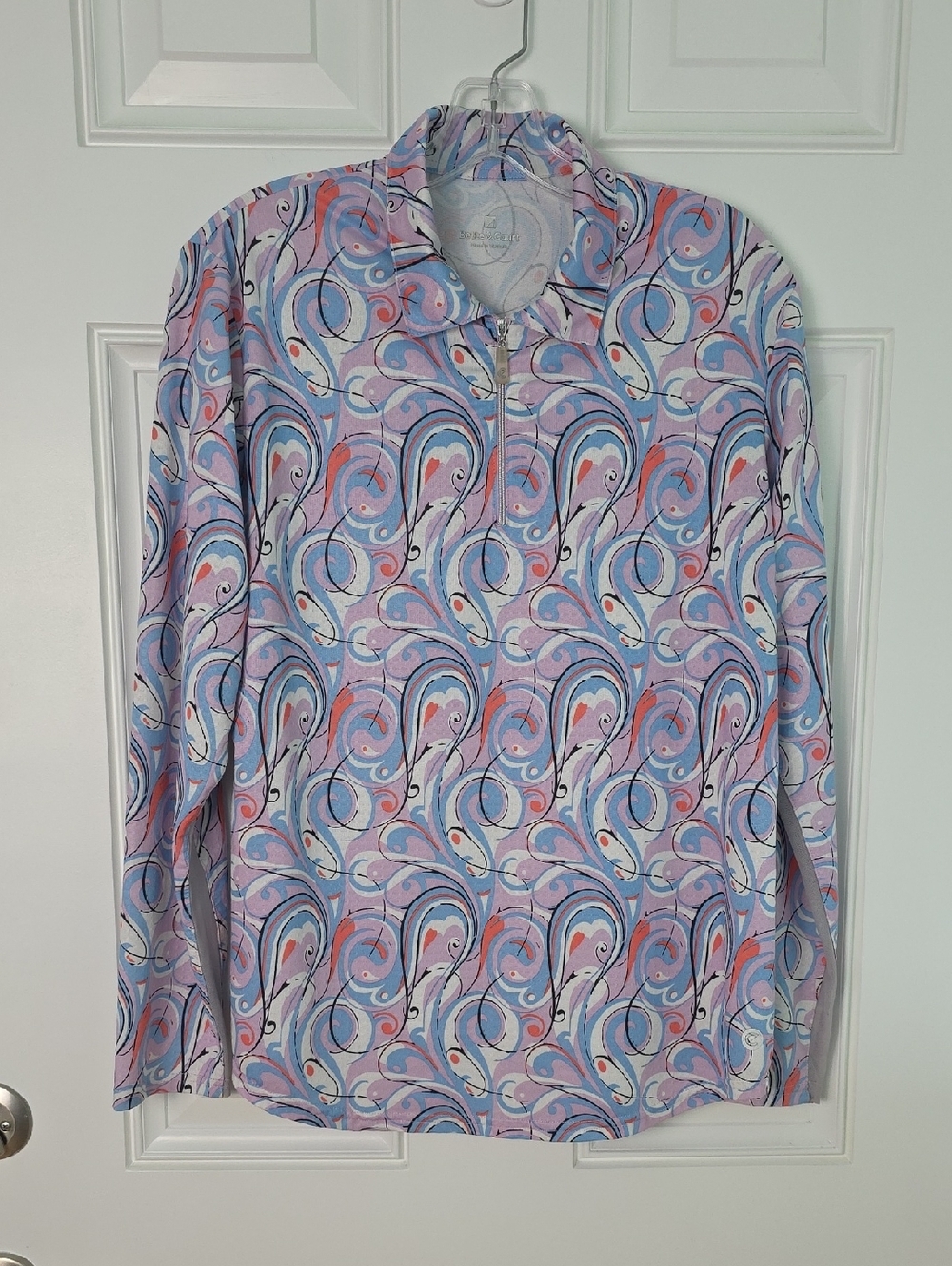 Bette & Court Pastel Swirl Long-Sleeve Zip Shirt - Blue & Pink.  Size Large